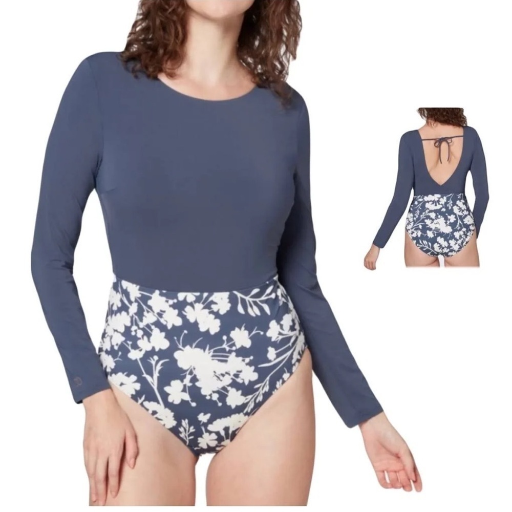 Calia Floral One Piece Tie Back Long Sleeve Swimsuit bathing suit gray 14 New